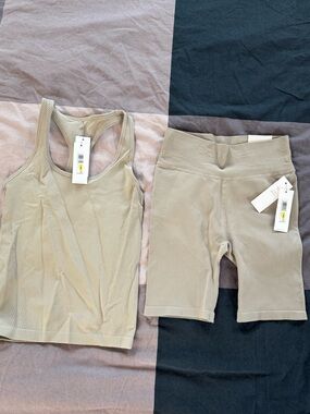 Calvin Klein NWT Ribbed Tank & Bike Short Set in Taupe/ medium